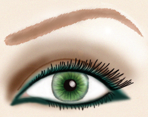 Illustration of an eye with green liner drawn along the upper and lower lash lines, ending in a small wing at the outer corner, under a filled brow