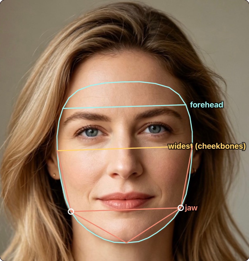 Face shape detector result on an example photo: the face outline, forehead width, widest point at the cheekbones and jaw width and angle drawn on the face