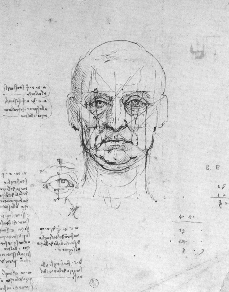 Pen drawing by Leonardo da Vinci of a man's face seen from the front, crossed by straight horizontal, vertical and diagonal construction lines, with a separate study of an eye below and handwritten notes in mirror writing.