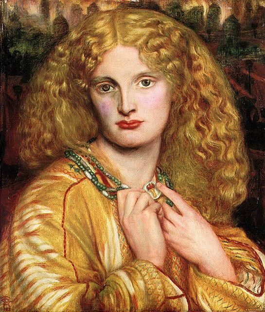 Painting of a woman with long red-gold hair, wearing a pendant, painted in rich gold and red tones