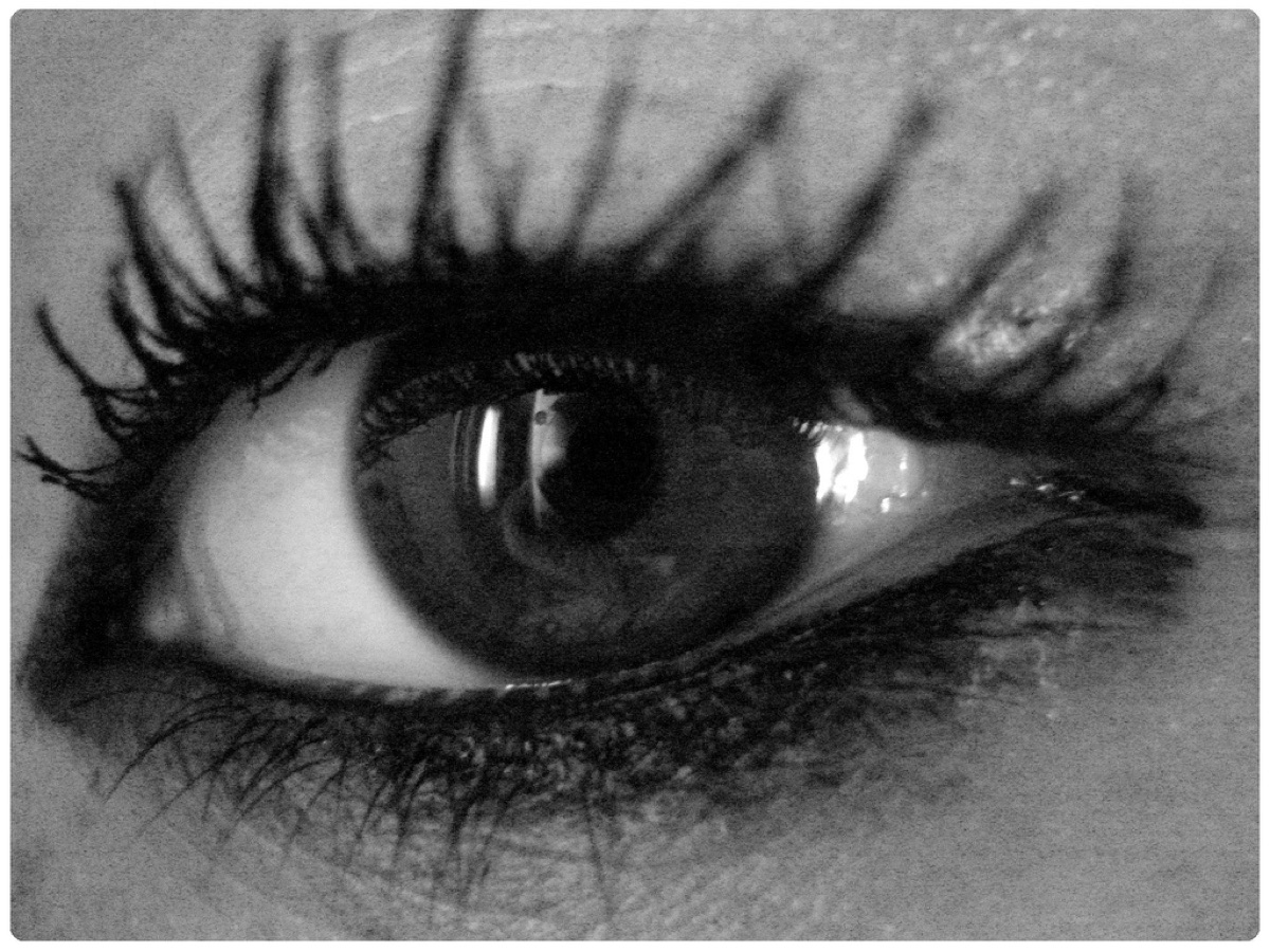Black-and-white close-up of one eye with mascara, showing the iris, the lash lines and both corners